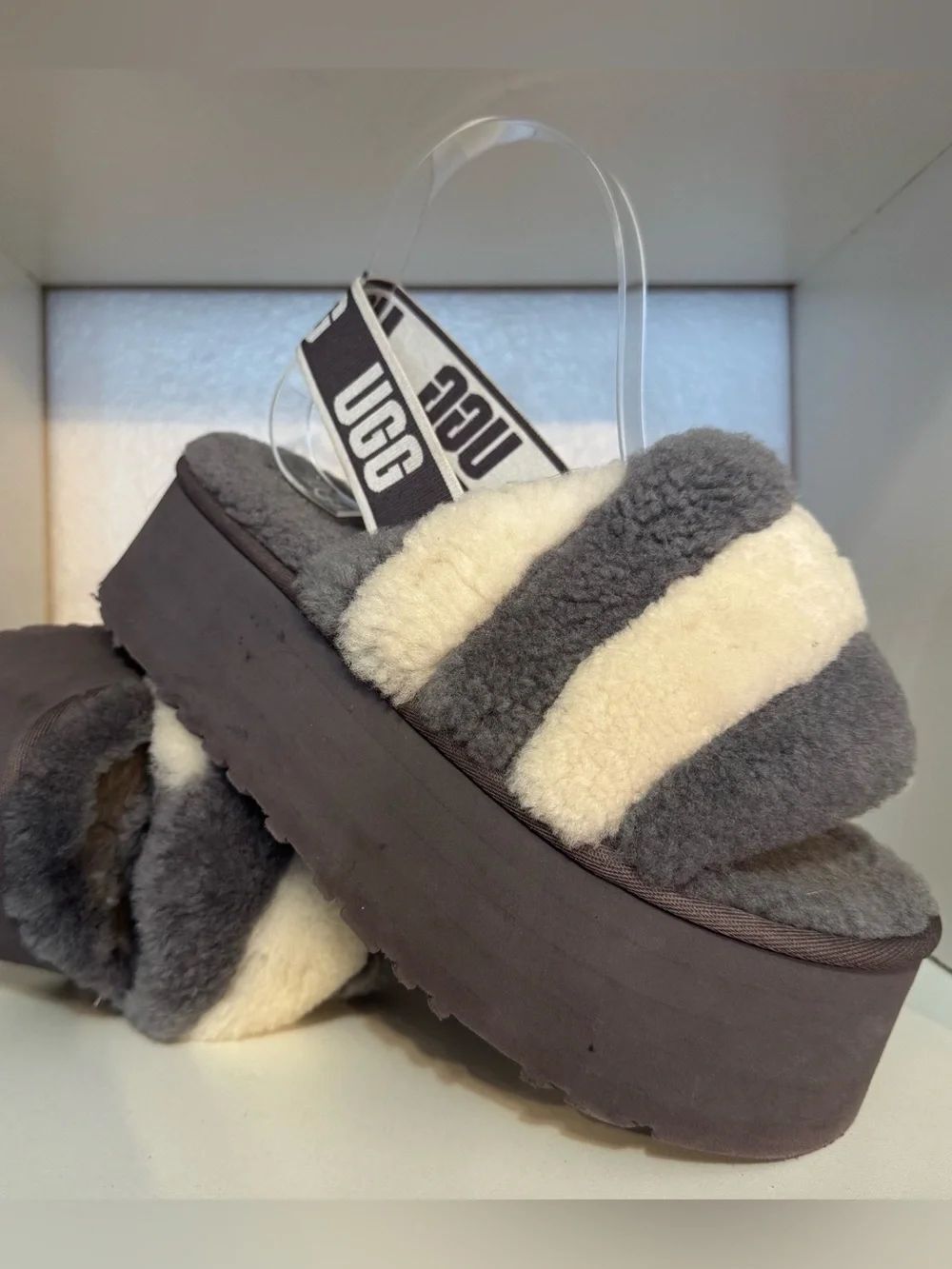 UGG Disco Stripe Slide Gray Cream Shearling Platform Slingback Fuzzy Womens 8